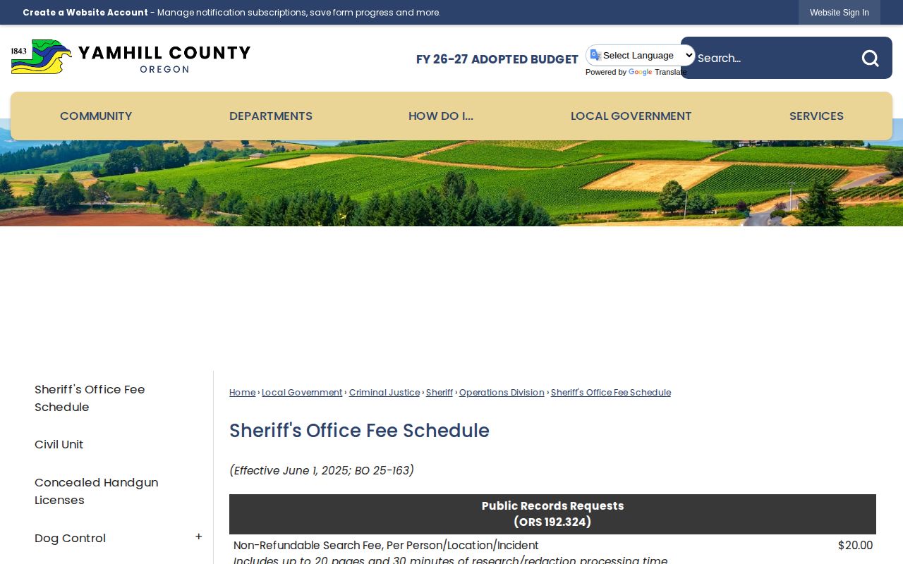 Yamhill County 24 hour release record request fee schedule