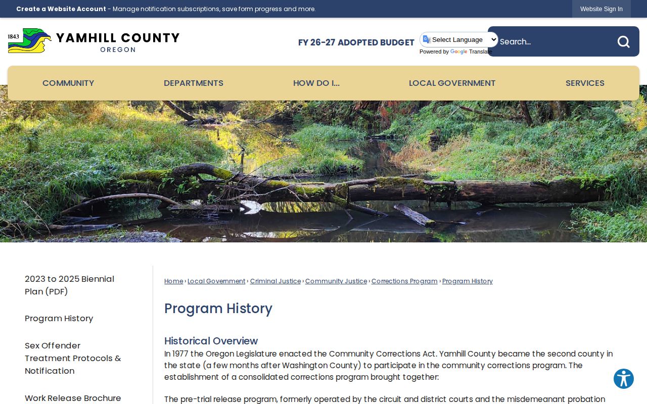 YCCF Work Release and Restitution Center custody program history